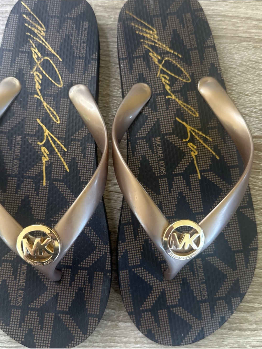 Michael Kors Jet Set Signature Flip-Flop Sandals - Brown & Gold - Size 7